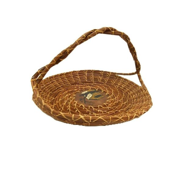 VTG Handcrafted Coiled Pine Needle Basket With Twisted Handles & Hand Painted - Picture 5 of 13